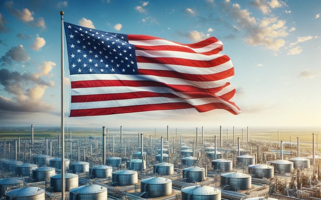 Oil storage field with US flag